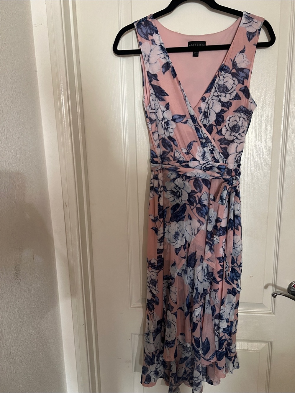 Connected Apparel Pink and Navy Floral Midi Wrap Dress